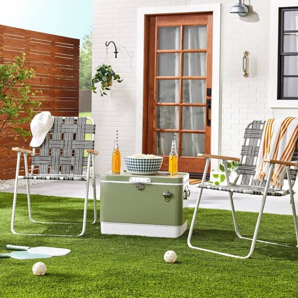 Folding Lawn Chair – Hearth &‎ Hand Magnolia – Blue Gray Plaid Wood Arms - Picture 2 of 9